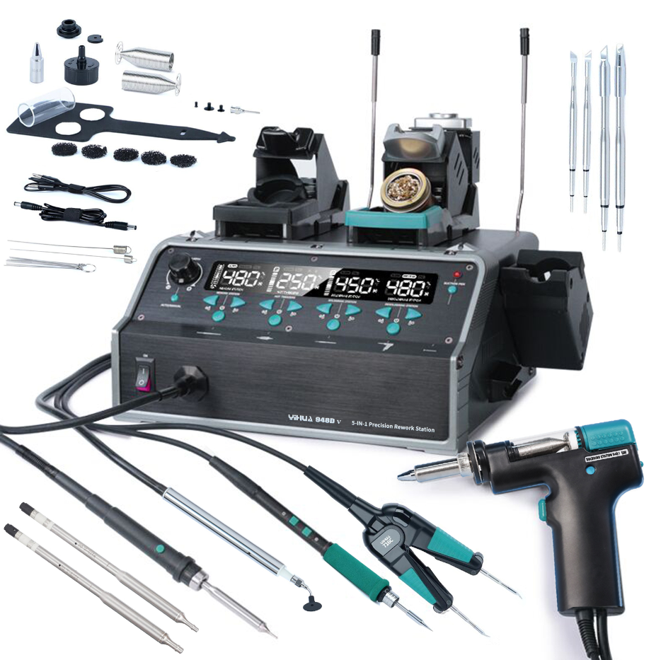 YIHUA948D-V mini tweezers +110W desoldering gun iron handle+C210 handle +hot air gun pencil +IC suction pen 5in1 machine