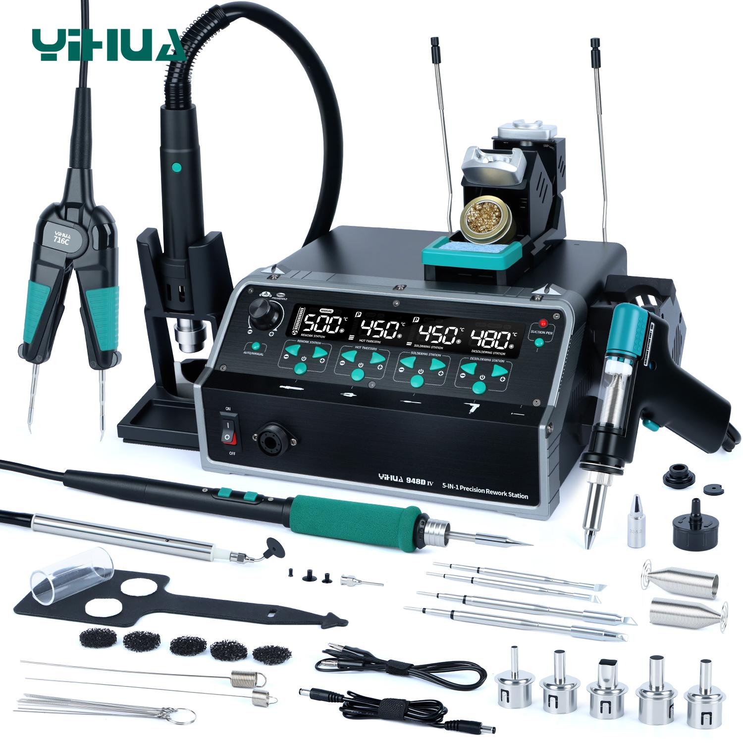 YIHUA948D-IV mini tweezers +110W desoldering gun iron handle+C245 handle +hot air gun handle +IC suction pen 5in1 machine